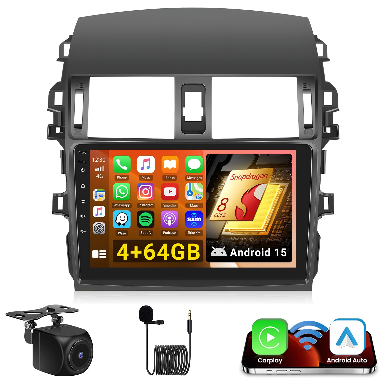 Photo 1 of [Qualcomm 8 Core Android 15] 4+64G Car Stereo for Toyota Corolla 2009-2013,9" QLED Touch Screen Car Radio, Carplay DSP Hi-Res Bluetooth 5.1, CarPlay Stereo Android Auto GPS WiFi FM/RDS Cam