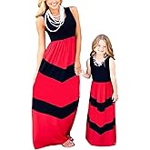 WIWIQS Summer Cute Mommy and Me Boho Striped Chevron Maxi Dresses