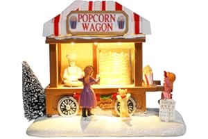 Chonsun Christmas Village Collectible Buildings Christmas Village Houses Popcorn House with LED Light Musical USB Indoor Figurines Decoration Indoor Xmas Decor