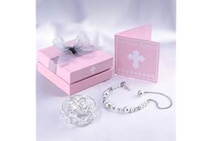 BIGPIG Baptism Gifts for Girl,Catholic Cross Baby Bracelets for Infant Girls and Baptism Card with Silver Jewelry Keepsake Box,Christening Gifts for Girls,Dedication Baptismal Gifts for Girls or Kids
