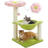 MUTTROS 28" Flower Cat Tree with Hammock &amp; Sisal Post for Kittens, Pink | Plush flower perch, Metal frame hammock, Sisal post, Fluffy toy ball, Thickened stable base, For kittens