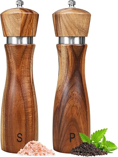 Haomacro Salt Pepper Grinder Set of 2 8 Inch Oak Wood Adjustable Ceramic