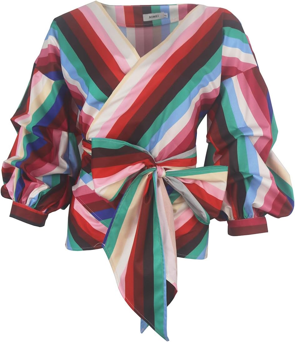 Women Spring Summer Blouses with Puff Sleeve Sashes Shirts Tops