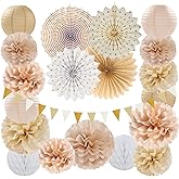 Beige-Champagne Gold White-Peach Boho Party-Decorations - 20pcs Neutral Baby Shower Rustic Wedding Paper Lanterns Fans,Tissue Pom Poms,Honeycomb Balls,Bunting,Birthday Bridal Decor Burgleda