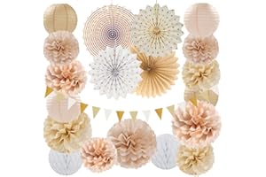 Beige-Champagne Gold White-Peach Boho Party-Decorations - 20pcs Neutral Baby Shower Rustic Wedding Paper Lanterns Fans,Tissue Pom Poms,Honeycomb Balls,Bunting,Birthday Bridal Decor Burgleda