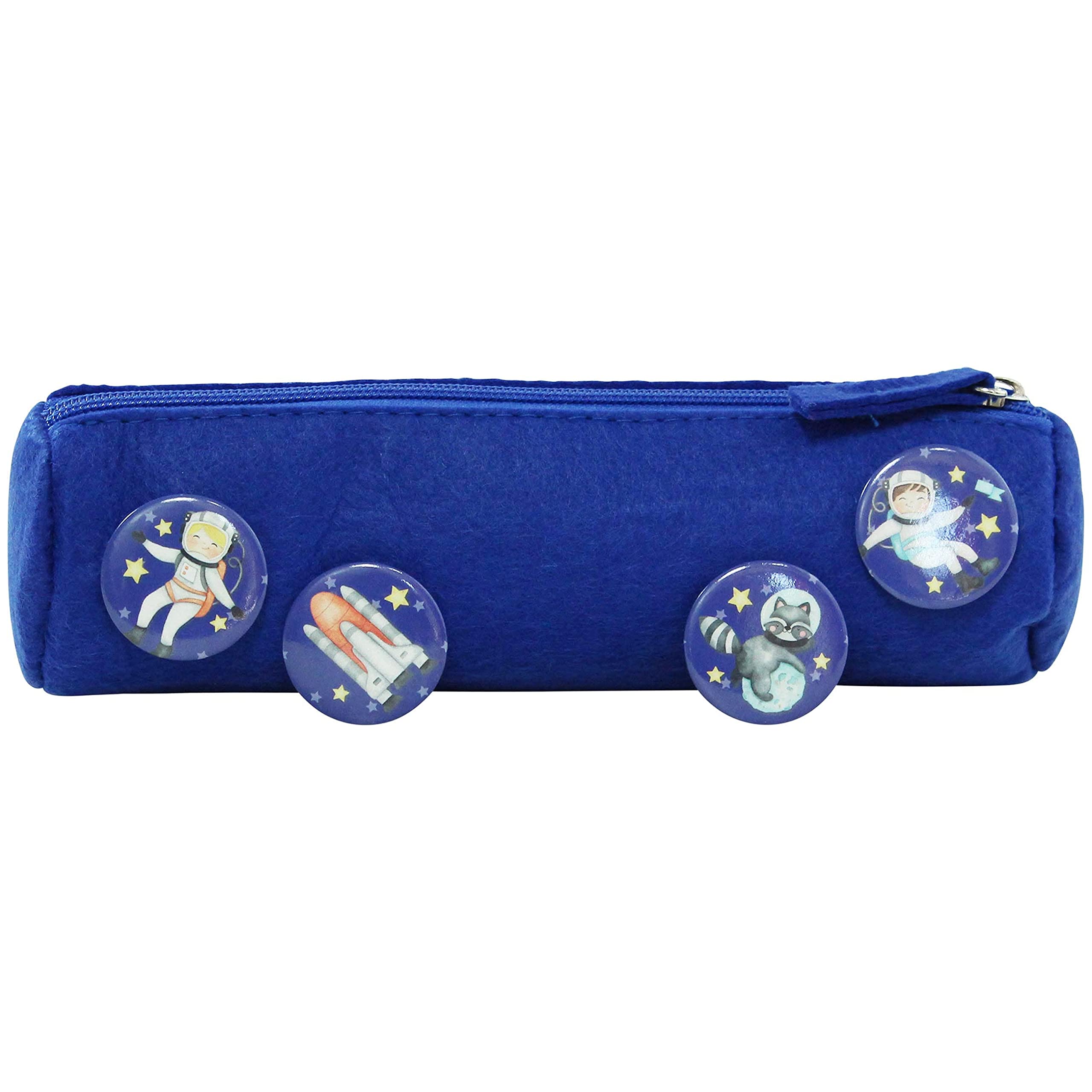 Pencil Case with 4 Buttons for Boys and Girls, Felt Pencil Case in Blue, Ideal as a Gift for School Enrolment, School Pencil Case Set, Astronaut, Länge 21,5 cm, Durchmesser 5,5 cm