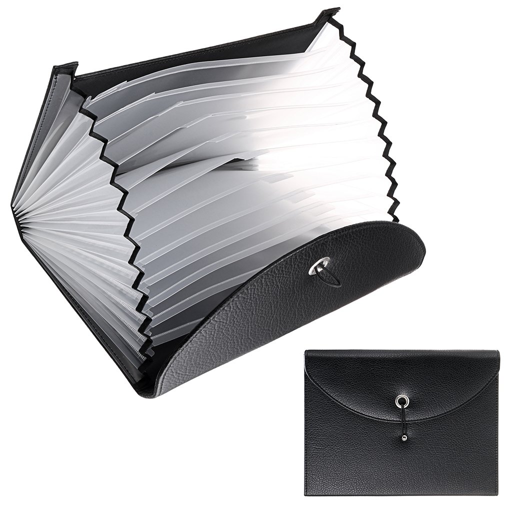 IGNPION PU Leather A4 Expanding Folder File Organisersn 13 Pocket Document Wallet Portfolio Business Folder with Elastic Closure (Black)