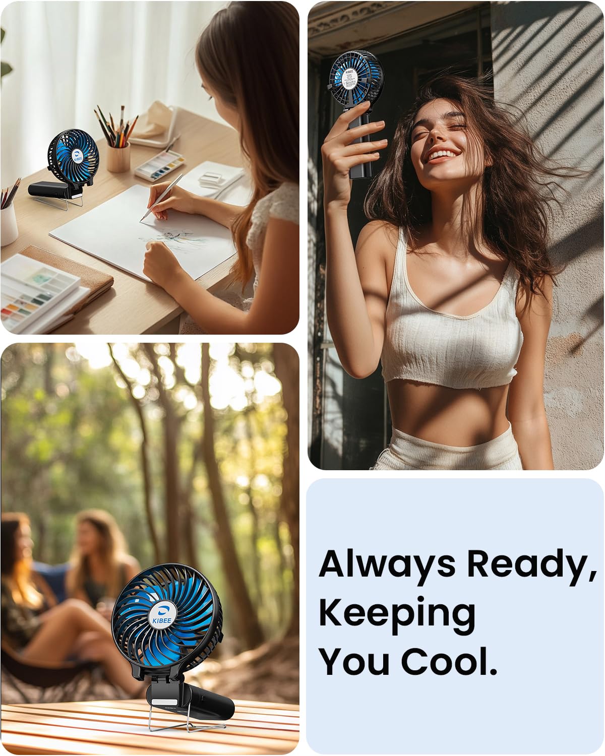 KIBEE Portable Handheld Fan - 5200mAh USB Rechargeable [20H Max Runtime] with Power Bank, Foldable 180° Mini Personal Fan, 3-Speed with Stand for Travel/Outdoor/Makeup/Concerts (Black)