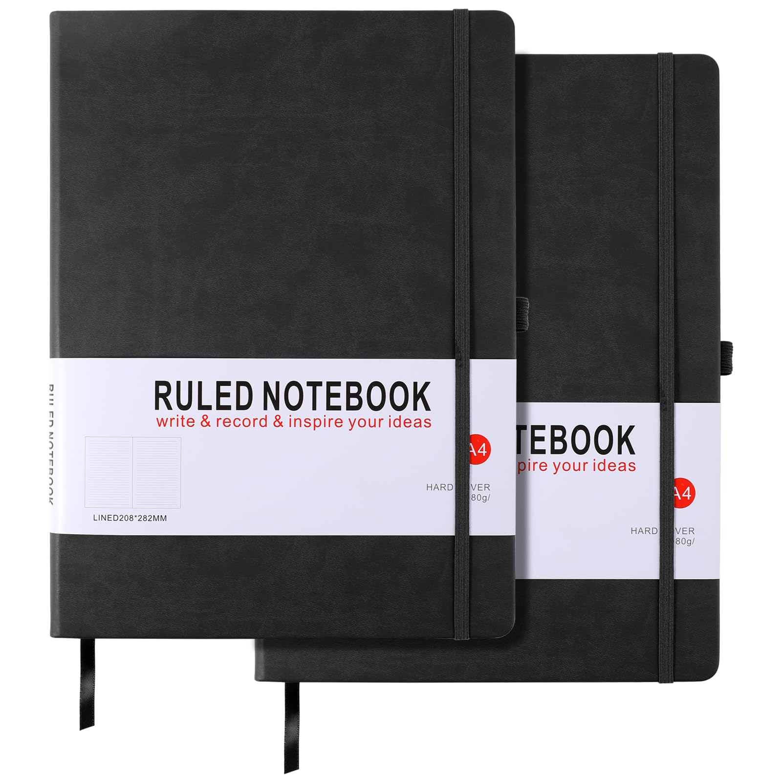 HIJYOO 2 Pack Notebook A4 Lined Journal Notebook Hardcover Notepad A4 with Bookmark, Pen Loop, and Elastic Closure, Note book for Women Men Work Office School, 8.3" X 11.35", (Black+Black) — image 1