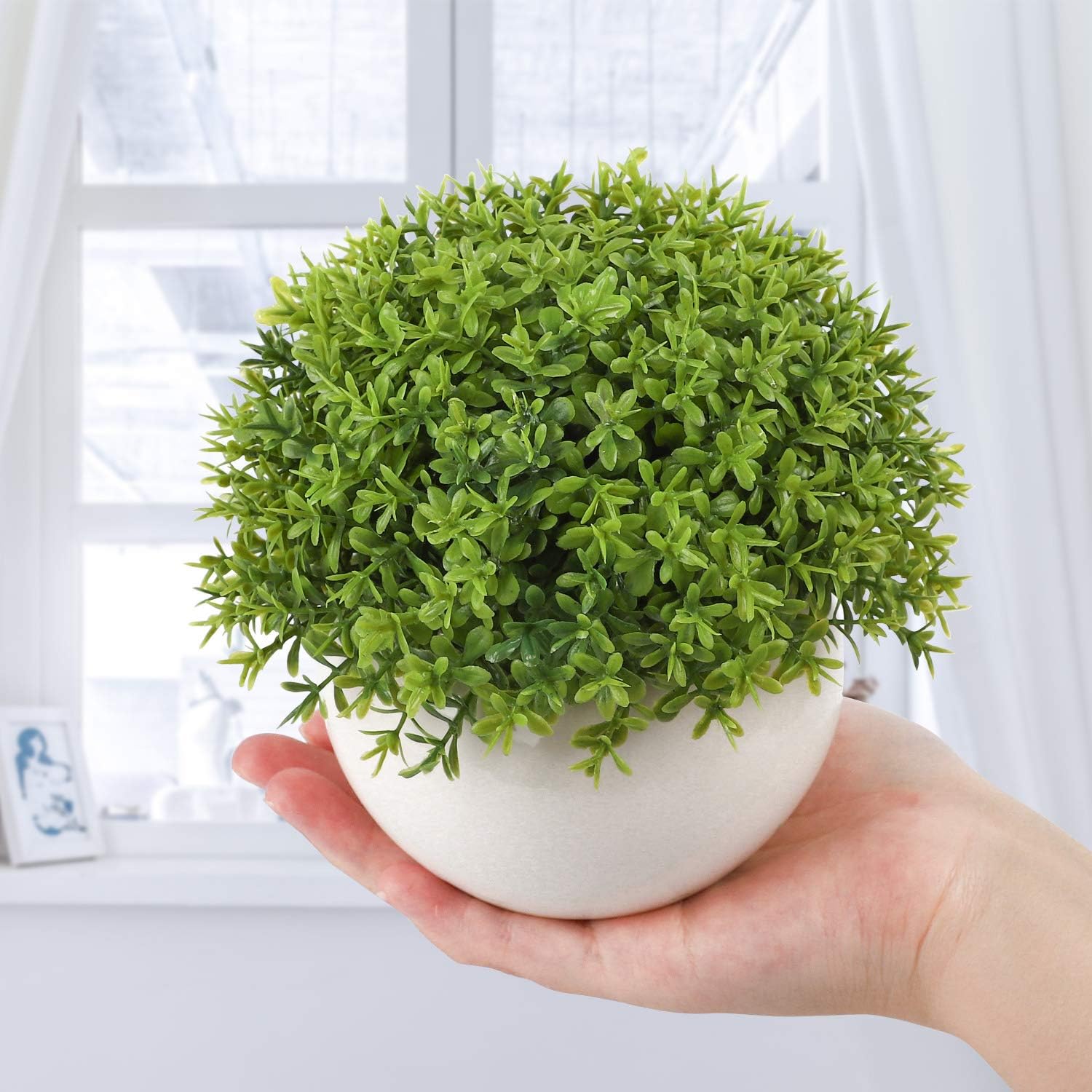Wholine 2 Packs Artificial Mini Potted Plants Small Fake Green Grass Shrubs with White Pot for Home Office Desk Room Decoration -