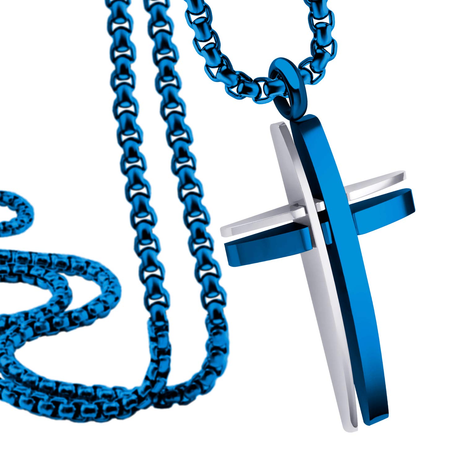 555Jewelry Stainless Steel Cross Necklace for Men, Grooved Half Dome Shape Polished Religious Crucifix Cross Pendant for Men & Women, Silver/Blue, Box Chain 24 Inches