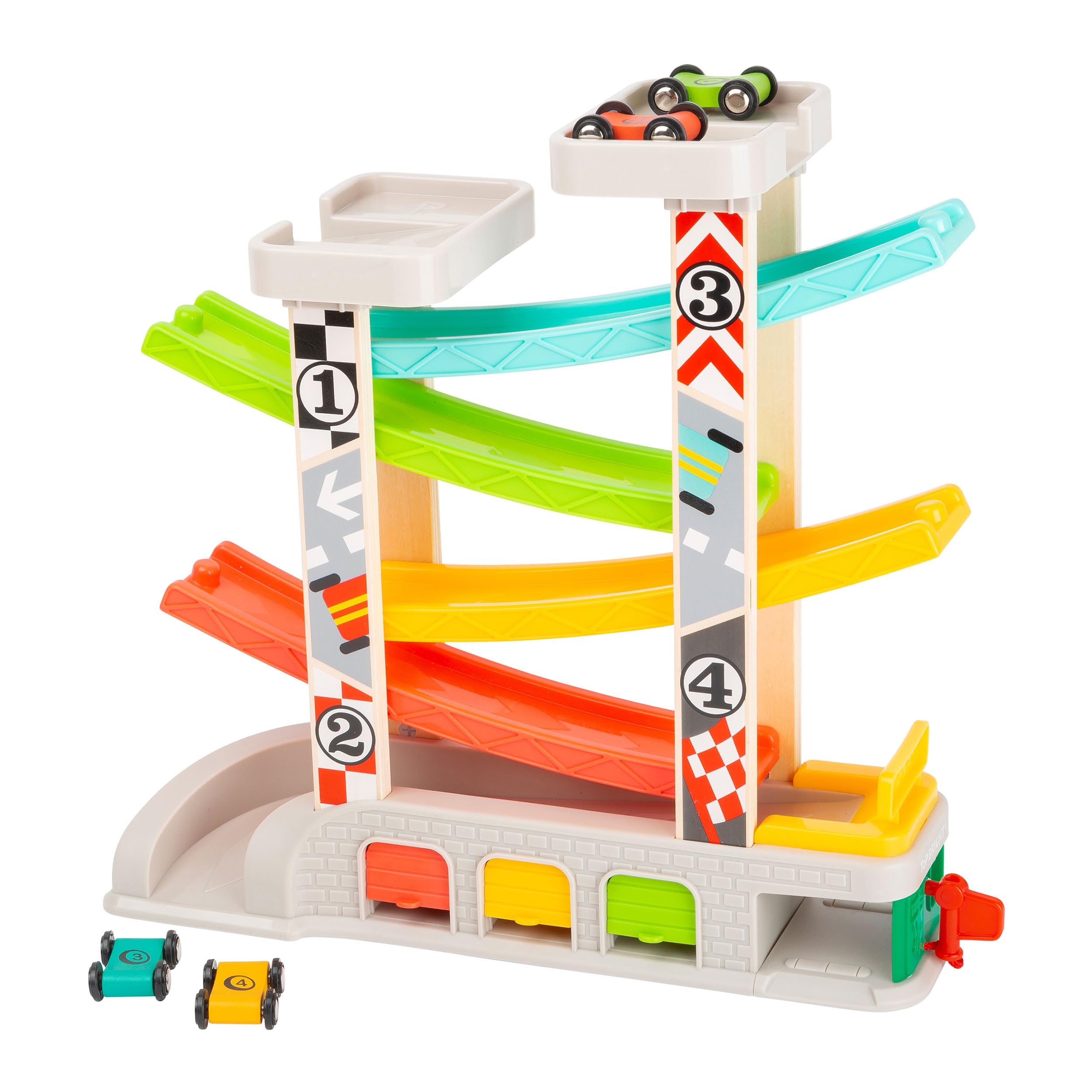 Small Foot 11361 Race Track with Parking Deck and Garages, Play Set with 4 Levels, Four Cars and A Petrol Station, for Ages 3 Years and up