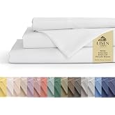 Linen Home 100% Cotton Percale Sheets King, 4 Pc Cooling Set - White | Deep Pocket 15", Fitted &amp; Flat with 2 Pillowcases, Crisp, Soft, Breathable, Strong Bed Linen for Hot Sleepers