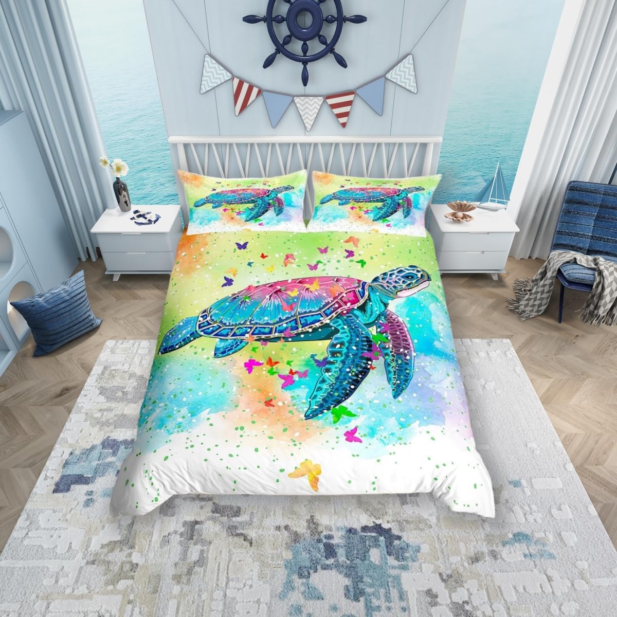 feelingyou Sea Turtle Duvet Cover Set S-King,Watercolor Tortoise Butterfly Comforter Cover with 2 Pillowcases,Girly Dreaming Style Bedding Set for Adult Young Bedroom Xman Gift — image 1