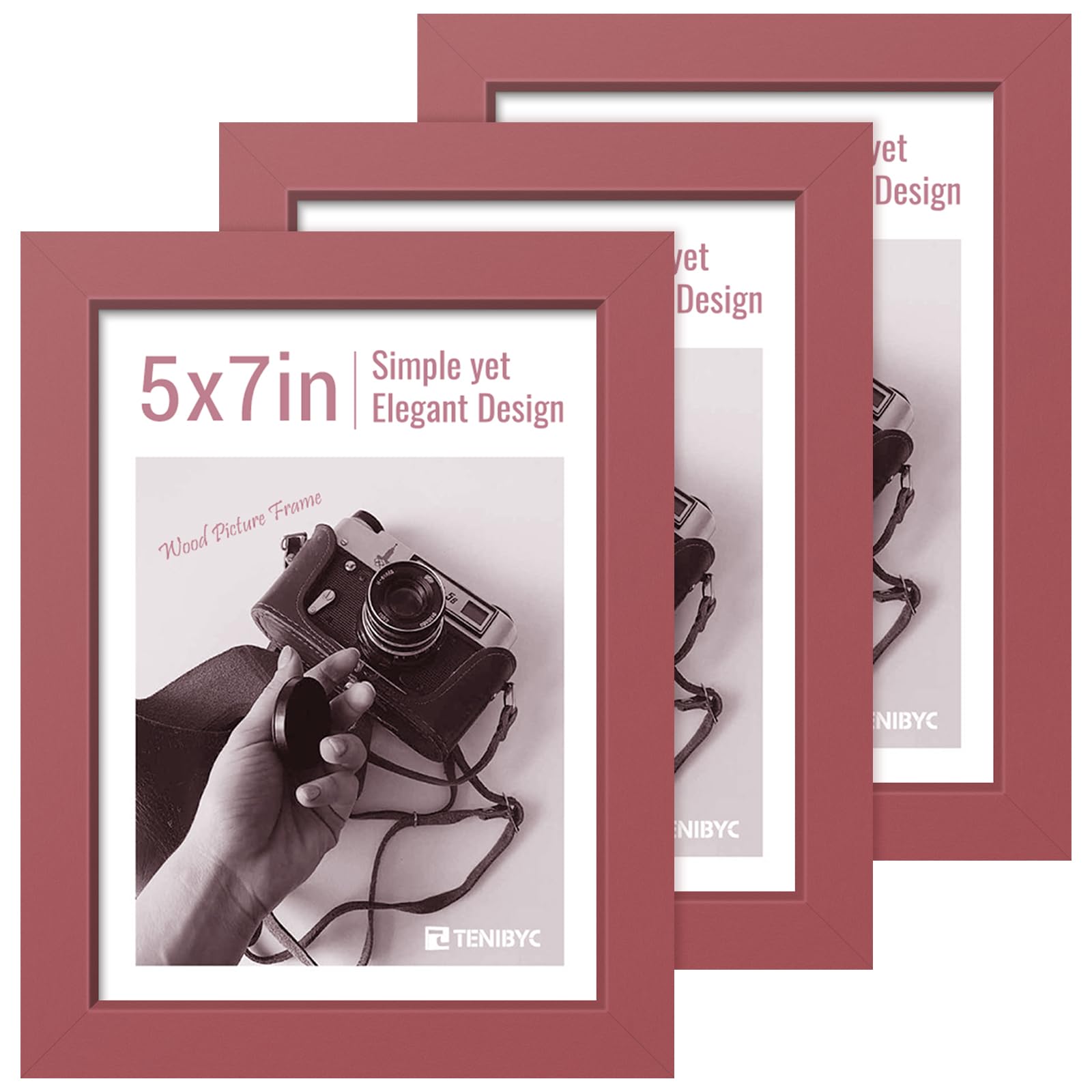 TENIBYC 5x7 Picture Frame Set - 3 Pack, Textured Red Solid Wood, HD Tempered Glass, Gallery Photo Frame, for Wall Mounting and Tabletop Display