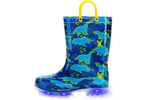 EUXTERPA Toddler Kids Waterproof Light Up Rain Boots Patterns and Glitter Boots with Handles for Boys Girls