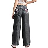 WDIRARA Girl's Bow Print Back Zipper Fly Elastic High Waist Denim Pants Basic Wide Leg Jeans