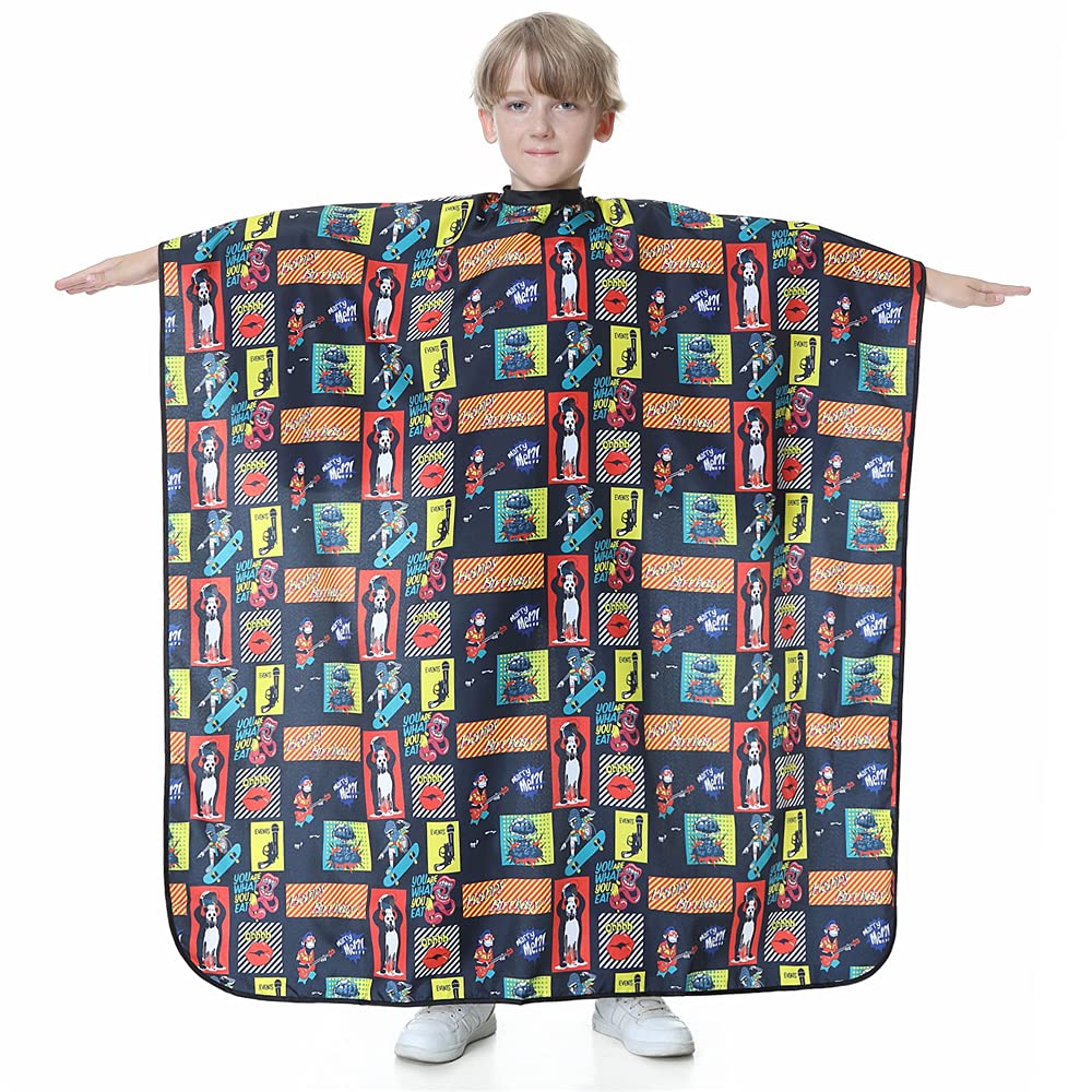 beautifulove KaHot Haircut Salon Hairdressing Cape for Kids Child Styling Polyester Smock Cover Waterproof Shampoo & Cutting Household Capes with Snap Closure,39"×55" (Hip-hop Animals)