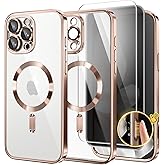 Magnetic for iPhone 16 Pro Case with Camera Control Button, Compatible with MagSafe, [Built-in Camera Cover][Privacy Screen Protector]Women Plating Phone Case for iPhone 16 Pro (Rose Gold/Clear)