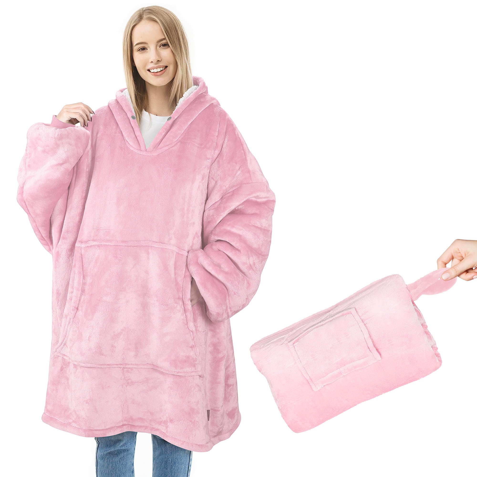 Catalonia Classy Oversized Portable Hoodie Blanket, Warm Gifts For Her, Wearable Sherpa Blanket, Super Soft Warm Comfortable Giant Hoody Travel Pillow Adults Men Women, Pink