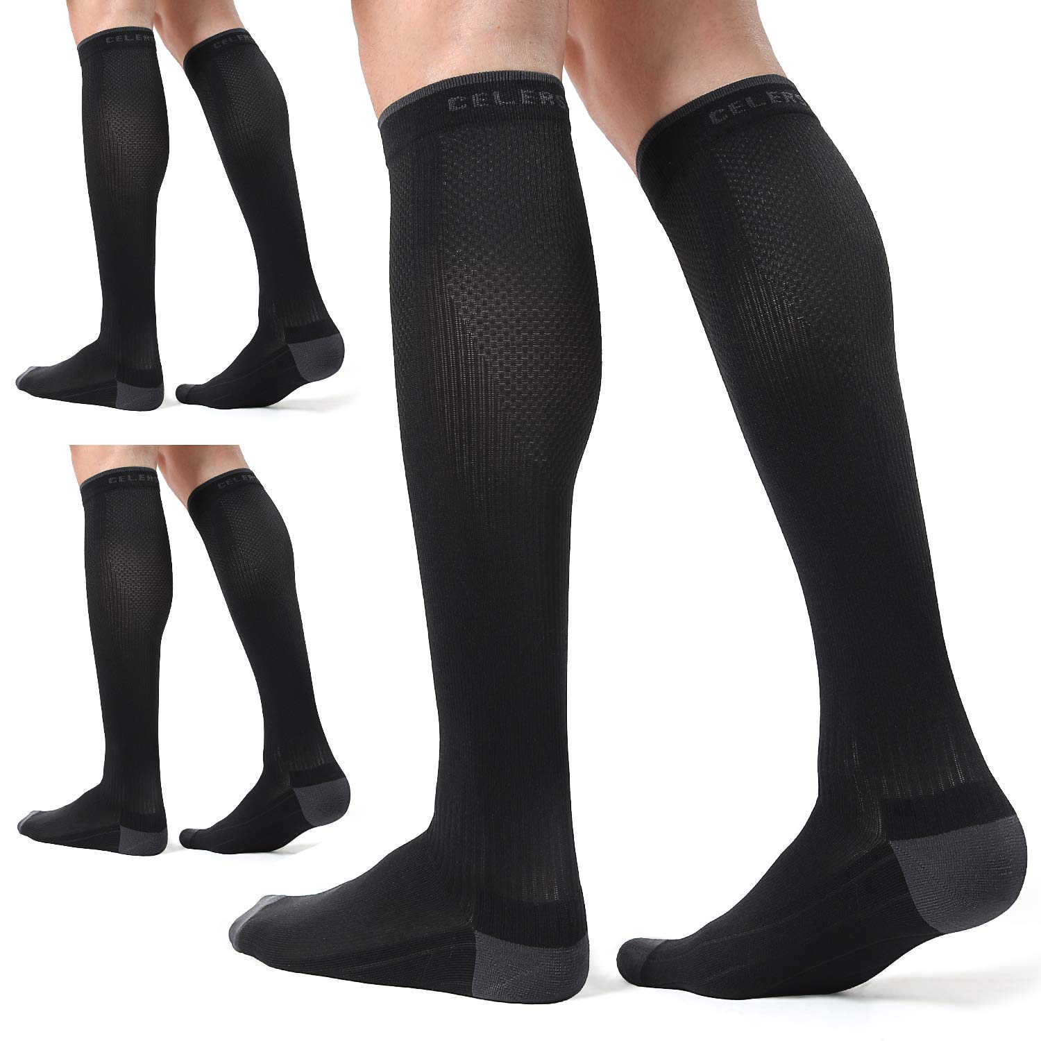 Photo 1 of CelerSport 3 Pairs Compression Socks for Men and Women 20-30 mmHg Running Support Soccer Socks, Black (3 Pack), Large/X-Large