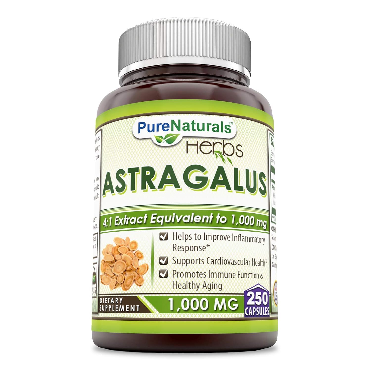 Pure Naturals Astragalus 1000 mg 250 Capsules (NonGMO) Supports