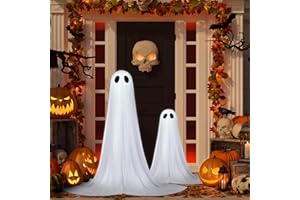 GLEXPFESTI 2 Pack Halloween Ghosts Outdoor Spooky Ghost Decorations Outside 36'' & 18'' Tall White Light Timer Function Standing Scary Light Up Ghost Kit for Porch, Courtyard, Party, Haunted Houses (White)