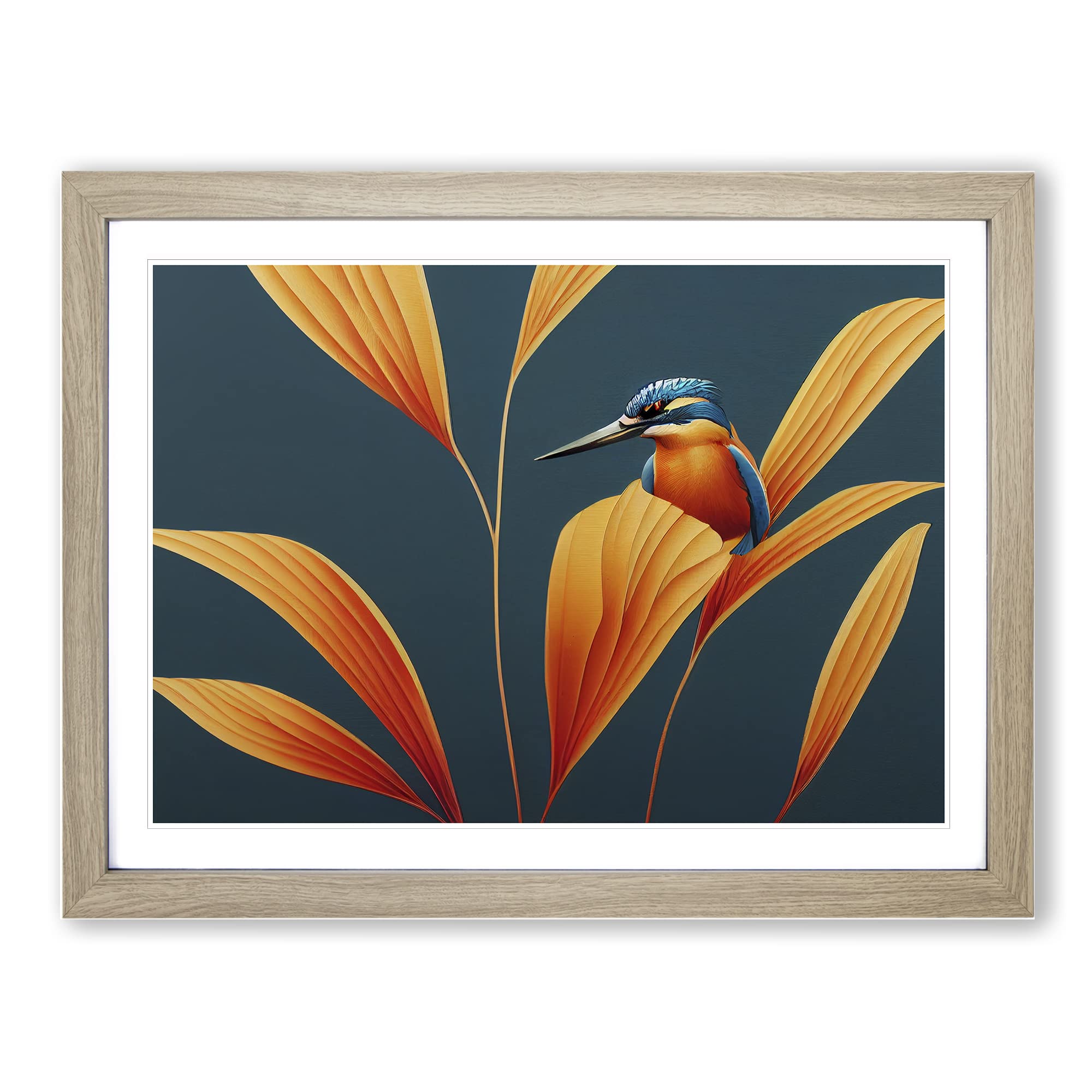 Kingfisher Art Deco Framed Print | A4 Oak Framed Wall Art | Ready to Hang | Art Deco Nature Picture | Living Room Bedroom Lounge Office