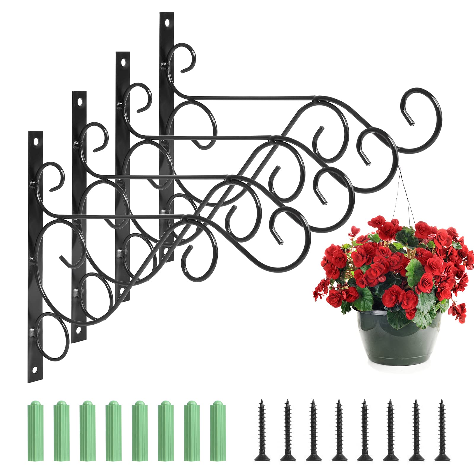 Jubaopen 4 Pcs Outdoor Hanging Basket Brackets, Black Garden Lantern Hanging Hooks with Screws, Metal Wall Brackets for Lanterns, Plant, Bird Feeder
