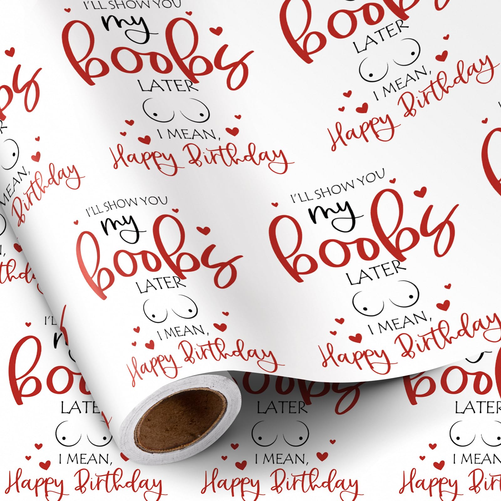 Photo 1 of RUSPEPA Funny Birthday Wrapping Paper for Men, Husband, Him - Mini Roll - I Will Show You My Boobs Later, I Mean Happy Birthday Design for Party Gift Wrap - 17 inches x 16.4 feet