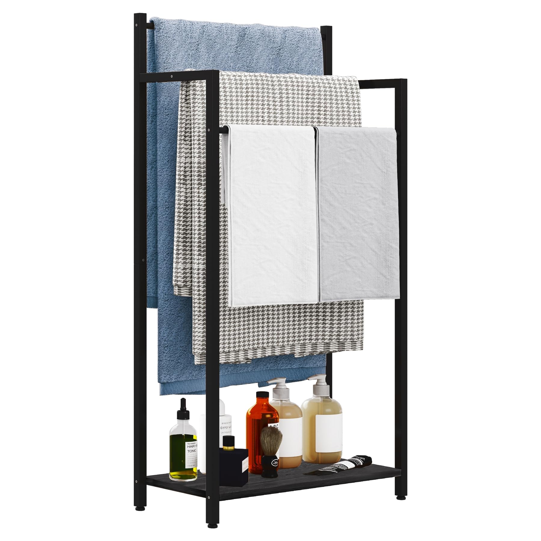 Photo 1 of yeavs Freestanding Towel Rack, 3 Tier Blanket Ladder Stand with Black Wooden Shelf for Bathroom Living Room (31.5”H x 16.9”W x7.9”D)