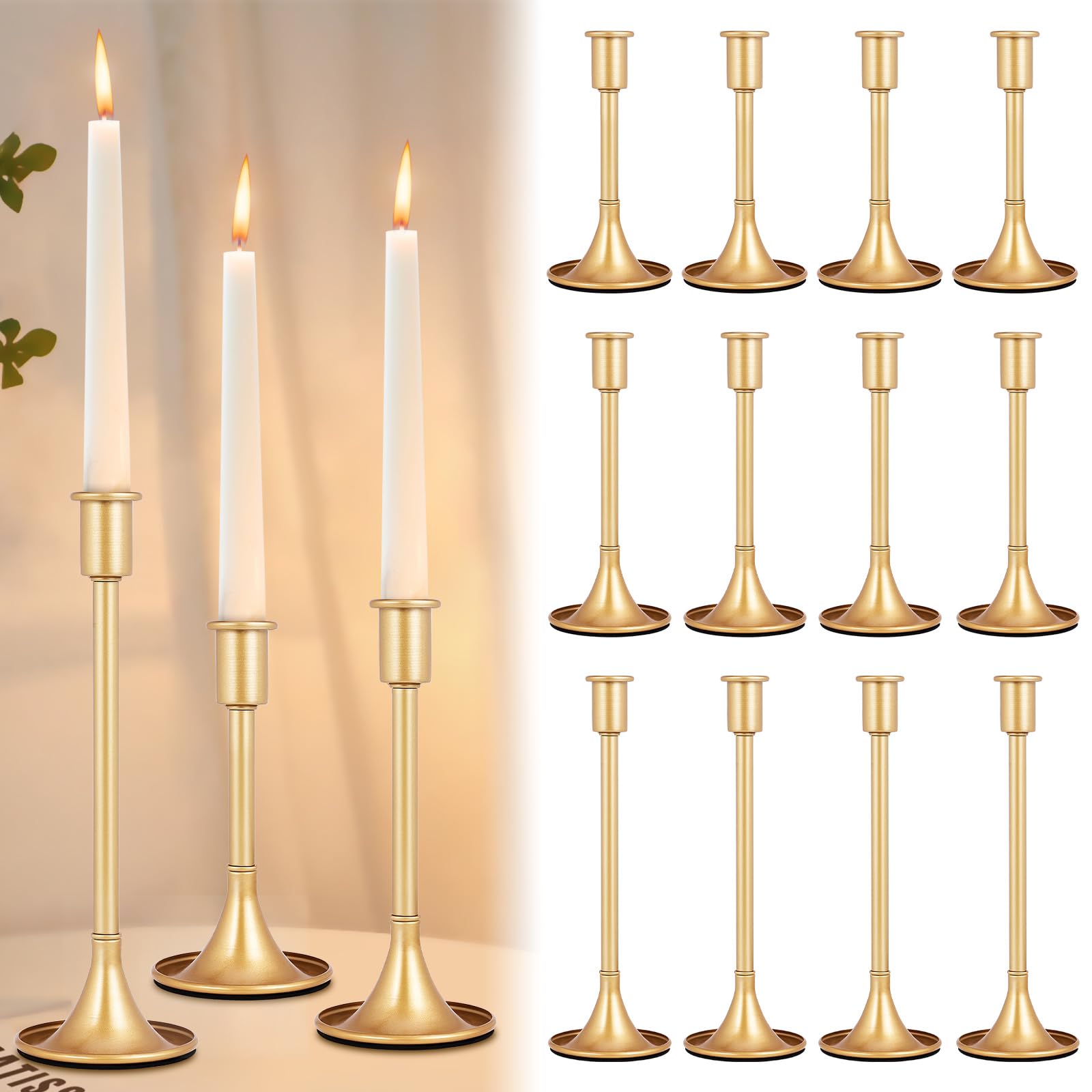 Photo 1 of 12 Pcs Gold Taper Candle Holders Lengthen with Anti-Slip Pad Vintage Low Metal Candles Metal Gold Candlestick Holder Set for Table Centerpiece,Weddings, Dinners Christmas Decor, 3 Sizes