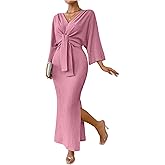 Floerns Women's Elegant V Neck Tie Front Bodycon Dress Dolman Sleeve Slit Long Dresses