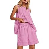 Nirovien Womens Short Sets 2 Piece Vacation Outfits Sleeveless Tank Top and Shorts Matching Set with Pockets