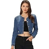 Allegra K Denim Jacket for Women's Collarless Button Down Crop Jean Jackets
