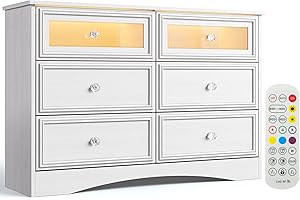 LGHM Modern 6 Drawer Dresser with Control Lights, Dressers for Bedroom, Chest of Drawers Closet Organizers and Storage Clothes - Easy Pulls Handle, Textured Borders Living Room, Hallway, White