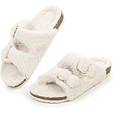 FITORY Womens Open Toe Slipper with Cozy Lining,Faux Rabbit Fur Cork Slide Sandals Size 6-11