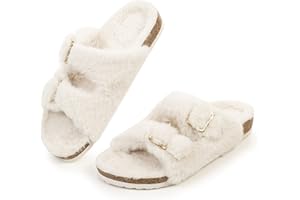 FITORY Womens Open Toe Slipper with Cozy Lining,Faux Rabbit Fur Cork Slide Sandals Size 6-11