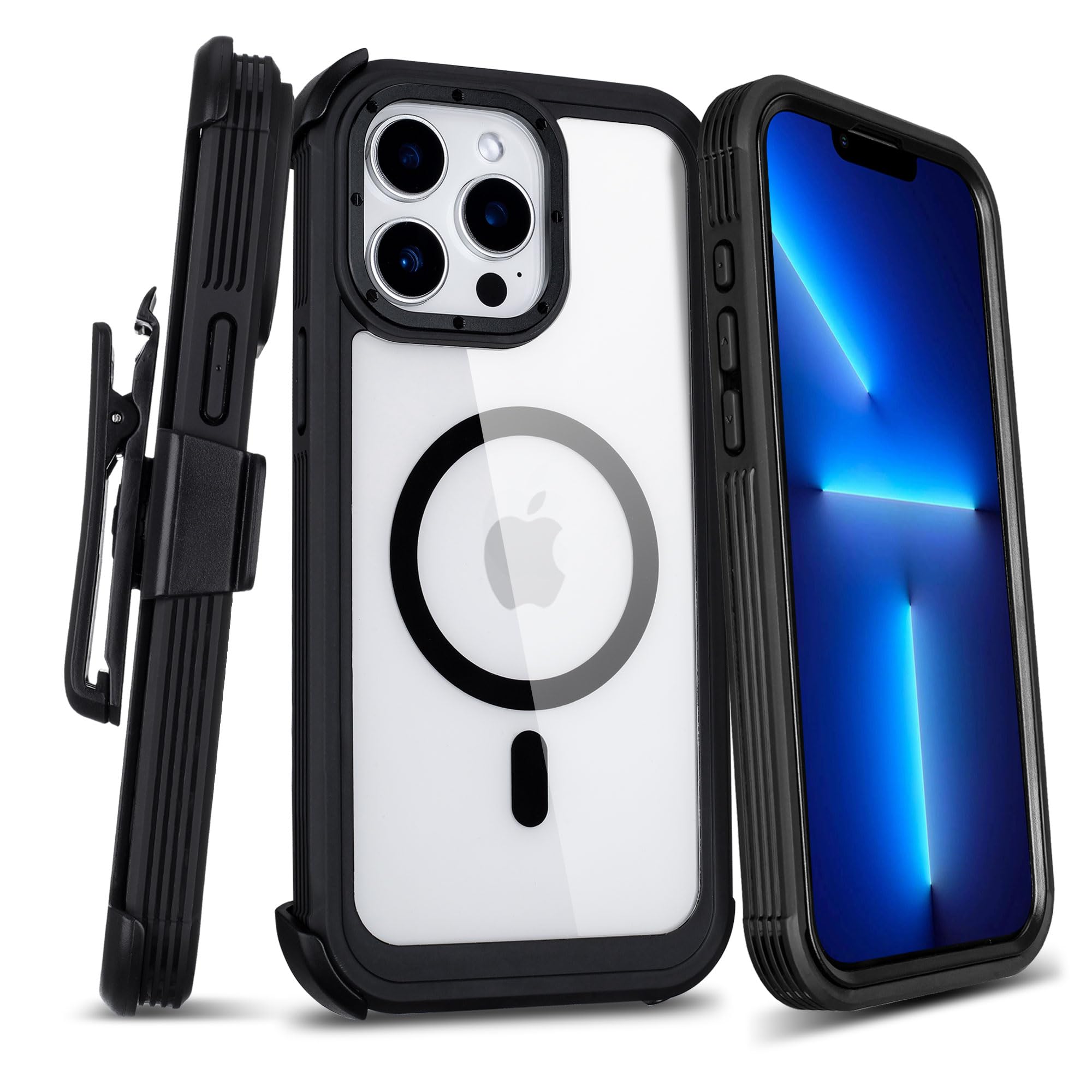 Photo 1 of Defender for Clear iPhone 13 Pro Max Case with Belt Clip Holster, Compatible with MagSafe, Anti-Yellowing, Full-Body Phone Cover for iPhone 13 Pro Max Case (Clear & Black)