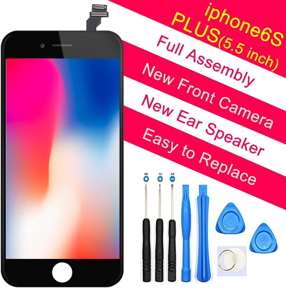 iPhone 6S Plus Screen Replacement Black 5.5" LCD Display Touch Digitizer Frame Assembly Full Repair Kit, Earpiece Speaker, Front Camera, Repair Tools (iPhone 6S Plus Black)
