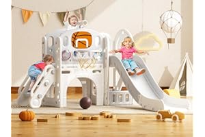 YUFU 9 in 1 Toddler Slide, Kids Slide for Toddlers Age 1-3, Toddler Climber Slide with Basketball Hoop and Ball, Toddlers Outdoor Indoor Playset (Beige+Gray)