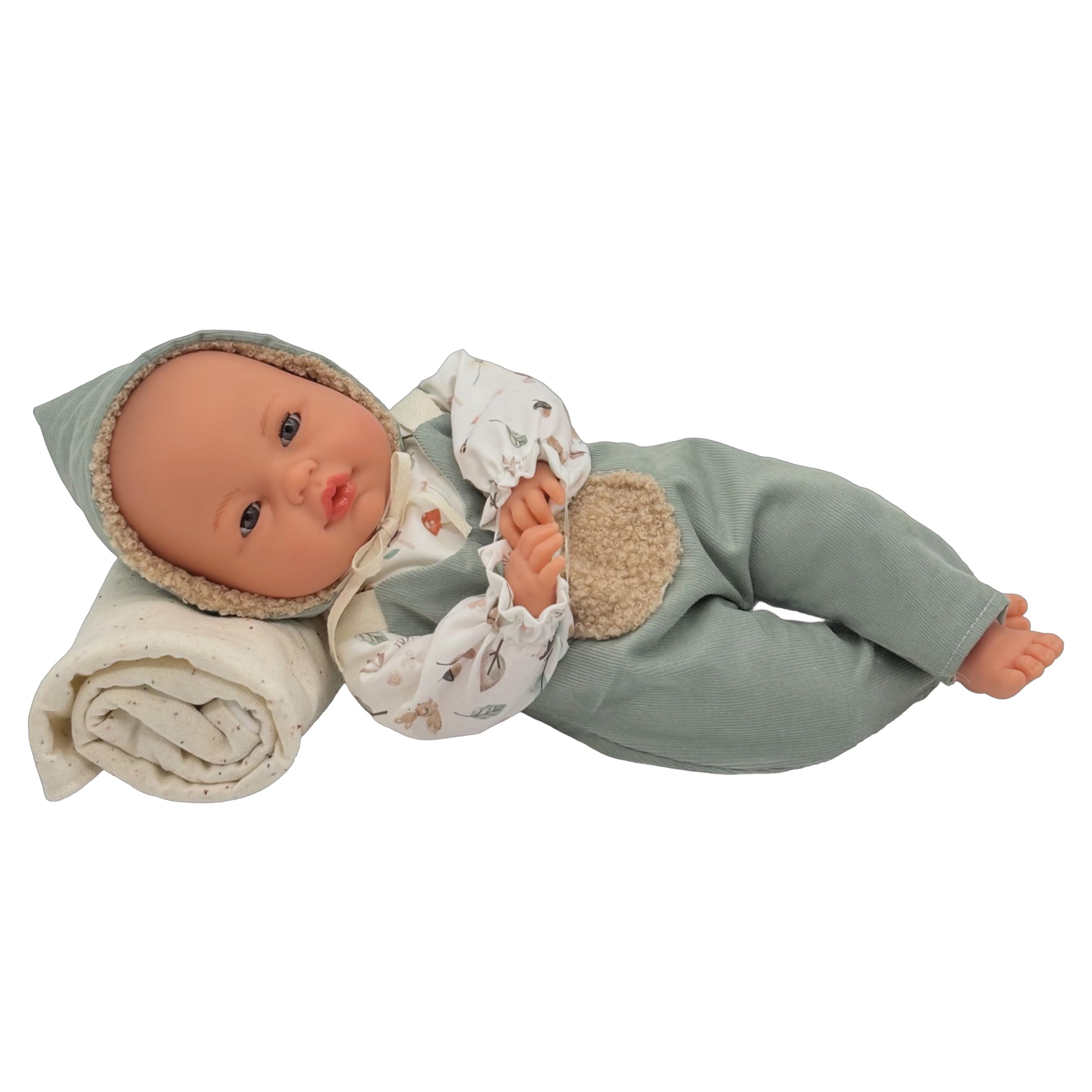 Roma Fern Baby Doll, Interactive Crying Baby Doll with Magnetic Dummy, Soft Body Vinyl, 37cm, Hand Painted, Moving Eyes, Blanket Included, Made In Spain