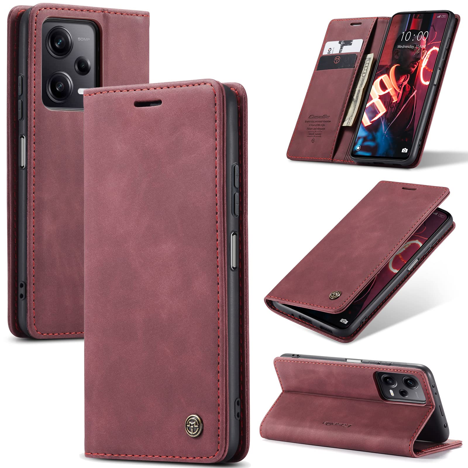 UFinetech Redmi Note 12 Pro/Xiaomi POCO X5 Pro 5G Case, Slim Leather TPU Shockproof Xiaomi Redmi Note 12 Pro/POCO X5 Pro Case with Magnetic Flip Card Holder Kickstand Wallet Cover for Men Women, Red — image 1