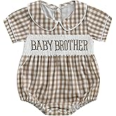 Mokoggiri Baby Brother Romper Infant Boy Letter Print Bubble Rompers Gingham Babydoll Collar Short Sleeve Smocked Bodysuit