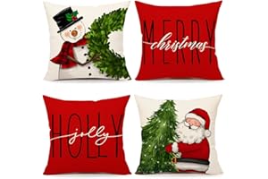 4TH EMOTION Red Christmas Pillow Covers 18x18 Set of 4 - Farmhouse Decorations With Snowman, Wreath, Santa Claus, Tree - Merry Christmas Holly Jolly Winter Holiday Decor Throw Cushion Case for Home Couch S22C17