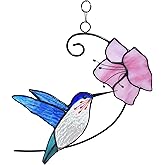 Lolitarcrafts Hummingbird with Flower Stained Glass Suncatcher Bird Stained Glass Window Hangings Hummingbird Gift for Home Decor (Blue with Flower)