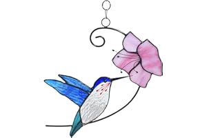 Lolitarcrafts Hummingbird with Flower Stained Glass Suncatcher Bird Stained Glass Window Hangings Hummingbird Gift for Home Decor (Blue with Flower)