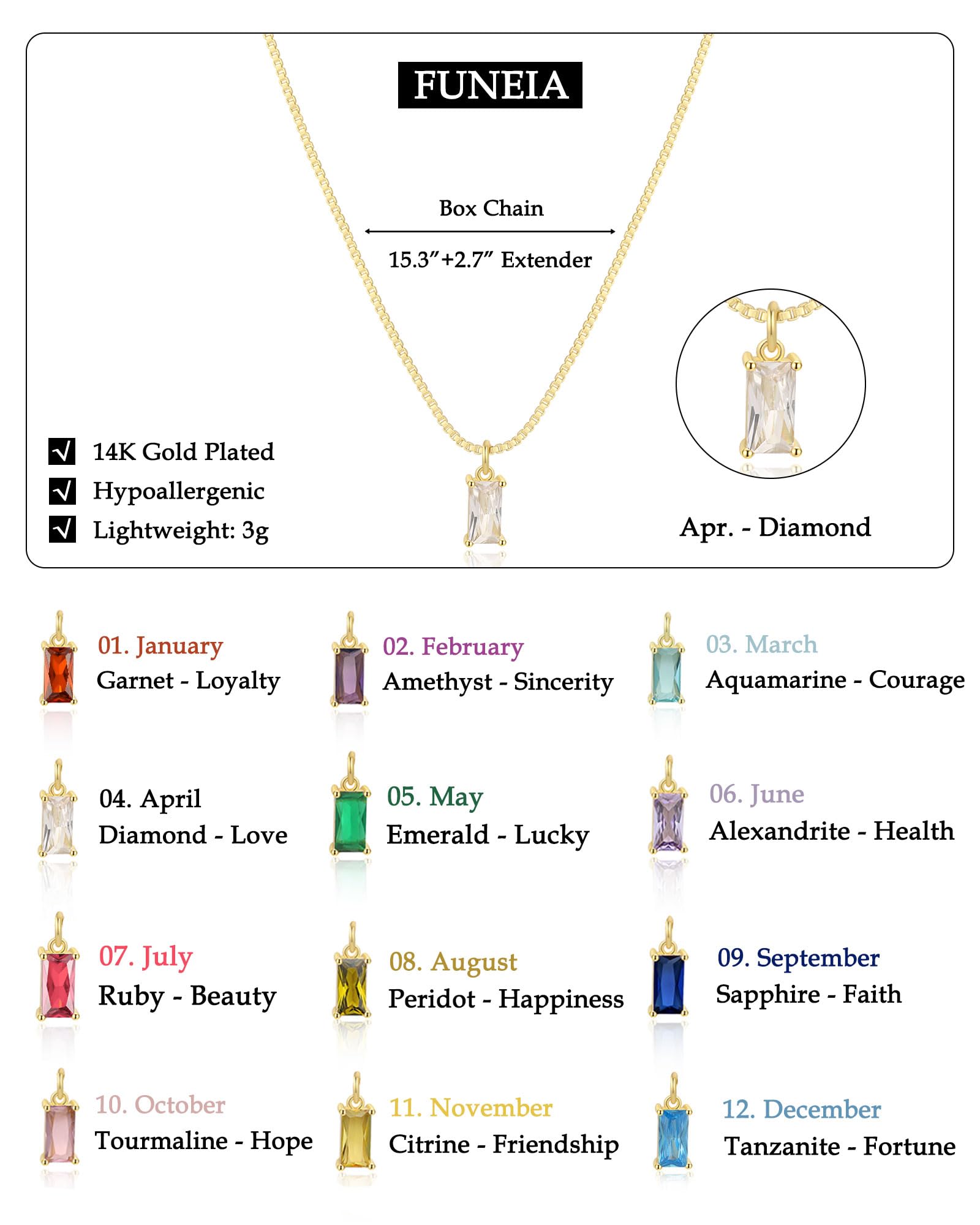 FUNEIA Diamond Necklaces for Women 14K Gold Plated Emerald Birthstone Necklace for Women Mothers Dainty Gold Necklace Blue Green Cubic Zirconia Pendant Necklace Birthday Gifts for Women Jewelry