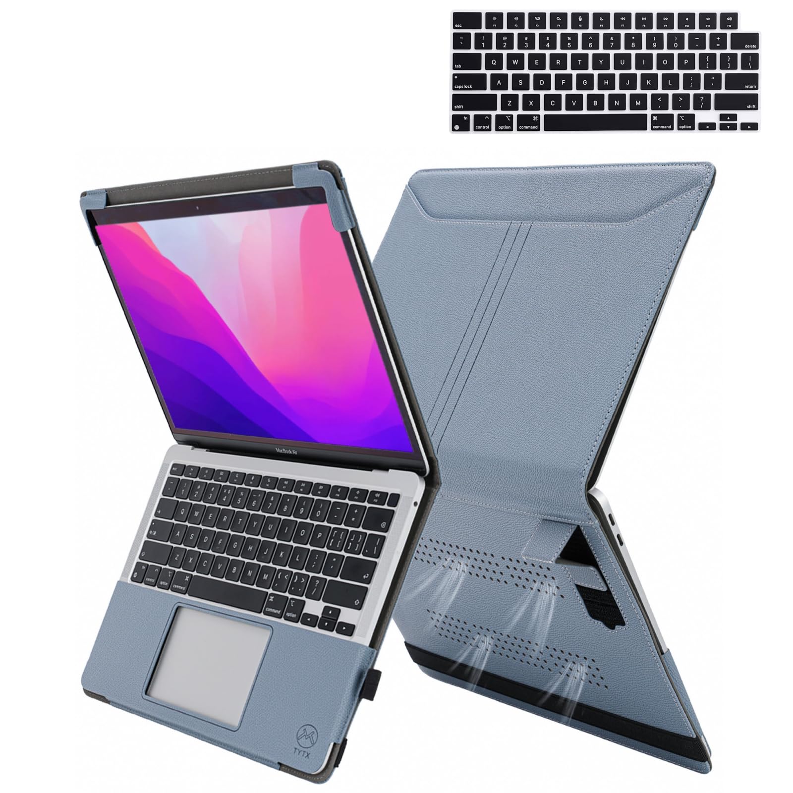 TYTX Compatible with MacBook Pro 14 Inch Leather Case 2021 A2442 M1 Pro / M1 Max with Heat-Vent and Stand Function, Laptop Sleeve Protective Cover with Keyboard Cover, Light Blue