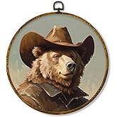 Hiuwevt Western Cowboy Bear Round Wall Art, Cowboy Room Decor, Vintage Southwestern Country Bear Hanging Canvas Prints Wall D